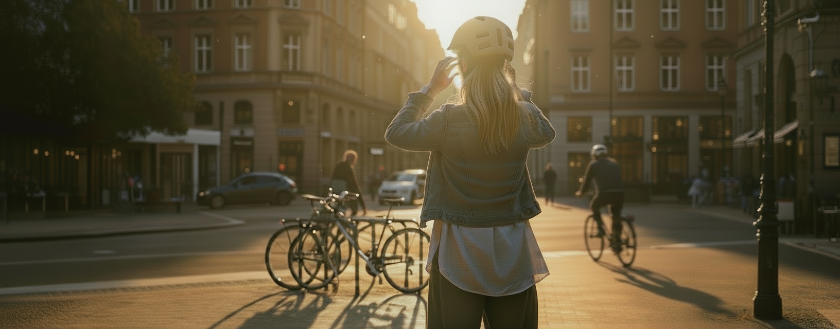 femme blonde contre jour qui met un casqye de velo de ville en ville